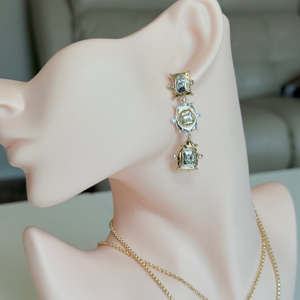 Two-Tone Drop Earrings with Clear Stones